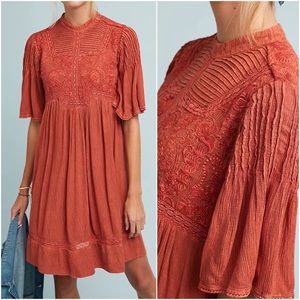 Anthropologie Meadow Rue Embroidered Orange Pleated Calistoga Tunic Dress